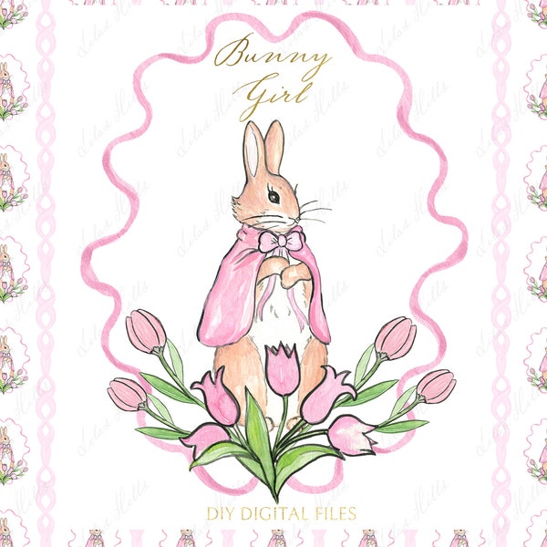 Bunny Girl Pink Bow Birthday Tulip flowers  Rabbit Girl DIY Digital  Greenery paper Frames Watercolor Clipart Grand millennial