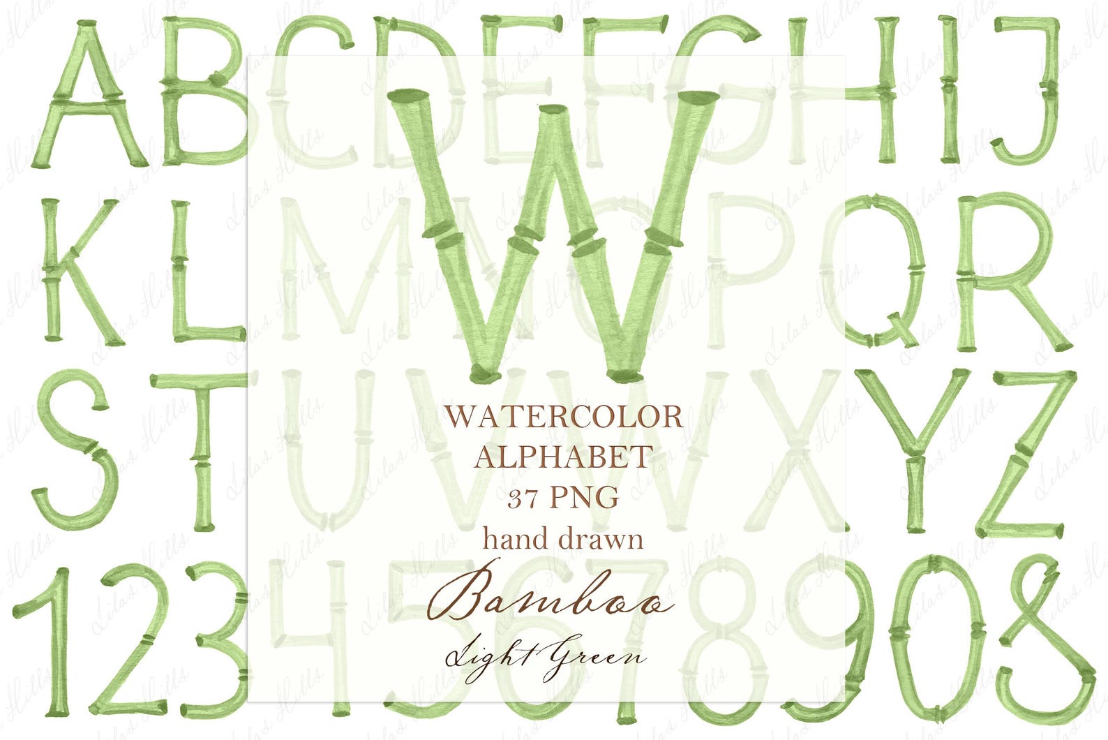 Bamboo Watercolor Letters & Numbers PNG, Wedding Monogram (digital ...