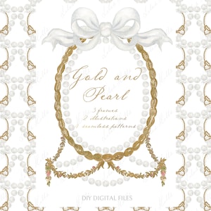 Goud en parels Vintage striklijsten Bruiloft doe-het-zelf digitale clipart Naadloze patronen