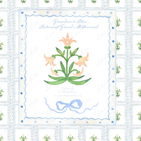 Grandmas Blue Grand millennial Botanical  Blue  Watercolor DIY clipart Grand millennial Nursery Artwork Wedding Clipart Digital paper Frames