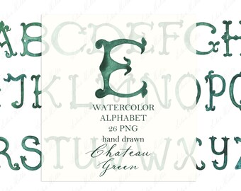 May include: Watercolor alphabet in a green and white color scheme. The letters are stylized and have a vintage feel. The text reads "Watercolor Alphabet 26 PNG hand drawn Chateau Green".