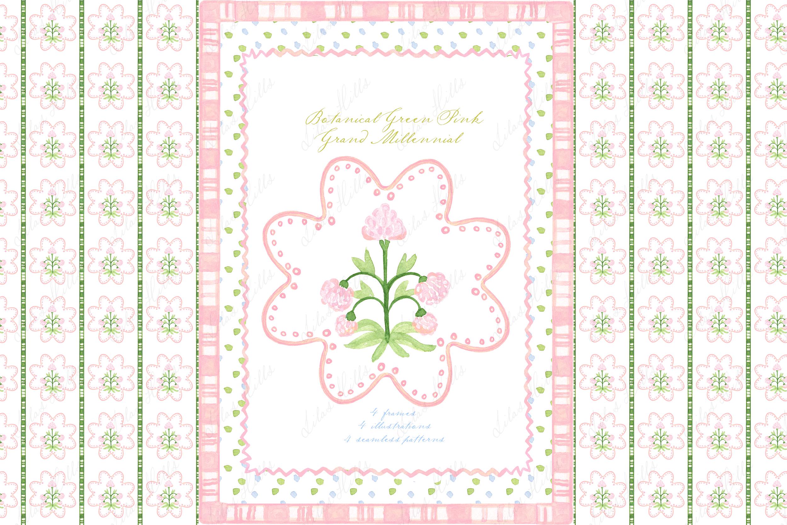 Botanical Watercolor Clipart: Pink Green Flowers, DIY Nursery Art