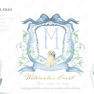 Blue Watercolor Crest  with dog DIY Family Blue Bow Digital papers Watercolor Clipart Grand millennial