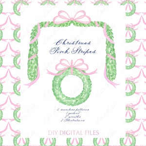 Christmas pink stripes bow and Greenery Wreath . DIY Digital Clipart. Digital download papers Frames Christmas Garland