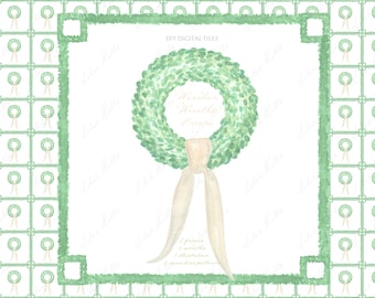 Watercolor Green Wreaths & Frames Clipart, Cream Bow (Digital Download)