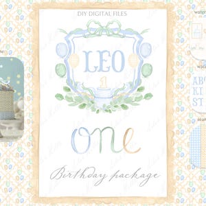 Birthday One Year Watercolor Crest DIY Grand millennial Blue Green Beige Vintage Family Digital Watercolor Clipart DIY