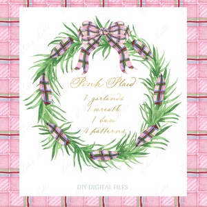 Pink Plaid Wreath. DIY Digital Clipart. Digital paper Frames Christmas Garland