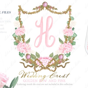 Wedding Wedding Crest Vintage Gold Bow Crest DIY Dusty Pink Greenery Carte digitali Acquerello Clipart Ortensia Rosa