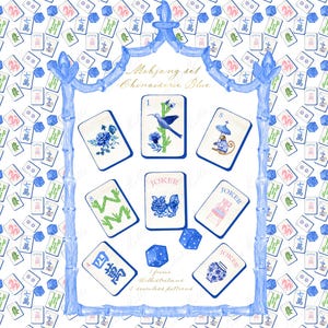 Ensemble de mahjong chinoiseries bleu PNG aquarelle bricolage clipart Chinoiserie Grand millénaire mariage Clipart numérique cadres en papier