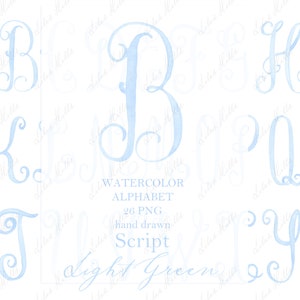 Lettres aquarelles pour monogramme PNG Calligraphie Script lettres pour écusson DIY bleu clair numérique aquarelle Clipart