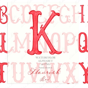 Monograma de boda PNG Florecer Letras de caligrafía vintage para cresta DIY Rojo Digital Acuarela Clipart