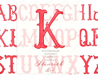 Può includere: Alfabeto ad acquerello in rosso e rosa con un design a fioritura. Le lettere sono disegnate a mano e hanno uno stile vintage. Ci sono 26 lettere nell'alfabeto, dalla A alla Z.