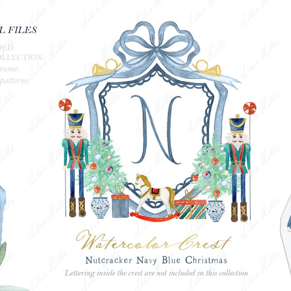 Nutcracker Navy Blue Christmas Watercolor Crest DIY Family Blue Bow Digital papers Watercolor Clipart Grand millennial