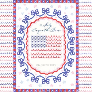 4. Juli Coquette Scallop Bow Clipart | Handgemaltes afghanisches PNG-Set | Grandmillennial Rahmen & nahtlose Muster | Rot Weiß Blau
