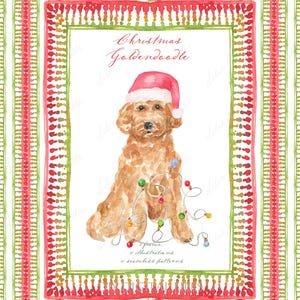 Weihnachtlicher Goldendoodle in der Nikolausmütze. DIY Digitales Papier Rahmen Aquarell Clipart