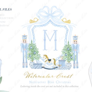 Quebra-nozes Azul Natal Aquarela Crista DIY Família Azul Arco Papéis Digitais Aquarela Clipart Grand millennial