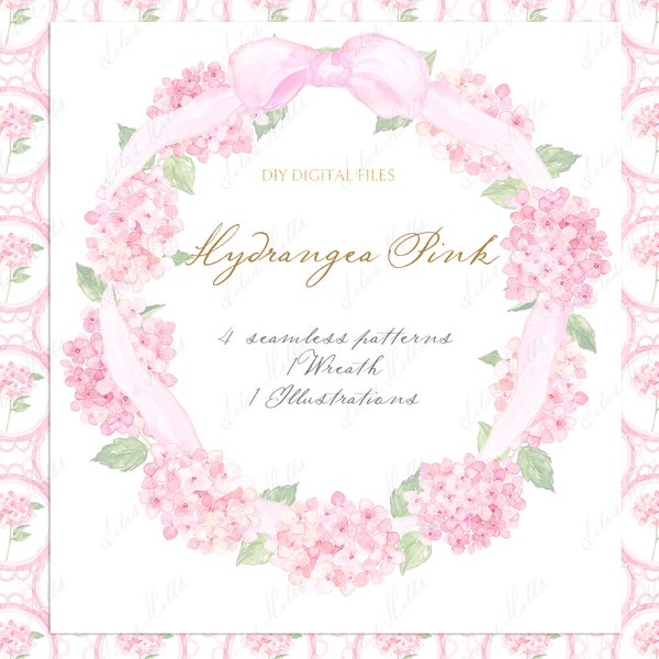 Hydrangea Pink Watercolor Clipart: Baby Shower, Wreath (Digital Download)