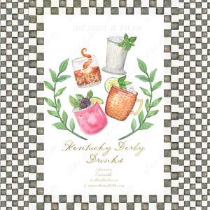 Menú de bebidas del Derby de Kentucky, imágenes prediseñadas digitales para hacer uno mismo. Plantillas de tarjetas, marcos y papel digital para cócteles Kentucky Mule