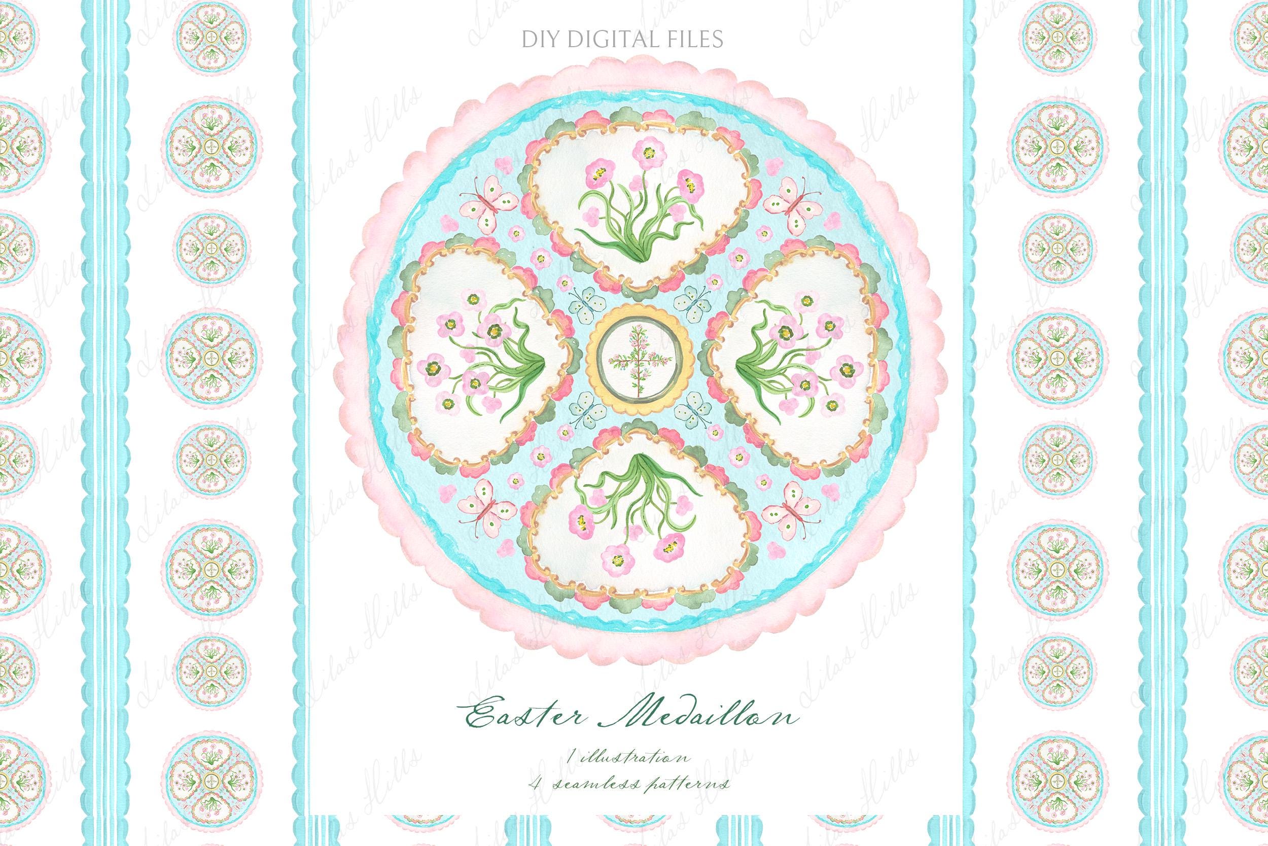 Easter Botanical Medallion Clipart: Chinoiserie Floral, Pink Roses ...