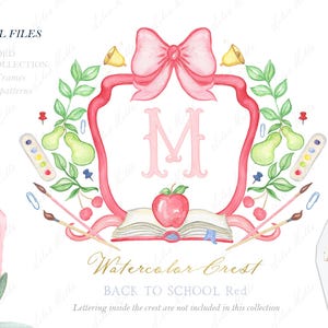Back to School Grand Millennial Family  Preppy school crest Watercolor Crest DIY Dusty Pink Bow Digital papers Watercolor Clipart