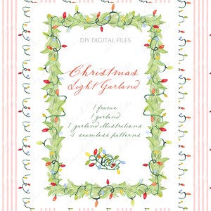 May include: Watercolor illustration featuring a Christmas light garland design. The image includes a frame, garland illustrations, and seamless patterns. The text reads "Christmas Light Garland" in red script, with colorful lights.