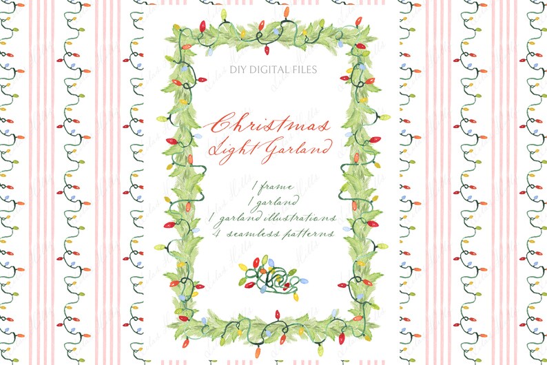 May include: Watercolor illustration featuring a Christmas light garland design. The image includes a frame, garland illustrations, and seamless patterns. The text reads "Christmas Light Garland" in red script, with colorful lights.