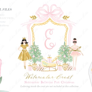 Quebra-nozes Bailarina Rosa Ouro Natal Aquarela Crista DIY Família Arco Rosa Papéis Digitais Aquarela Clipart Grand millennial