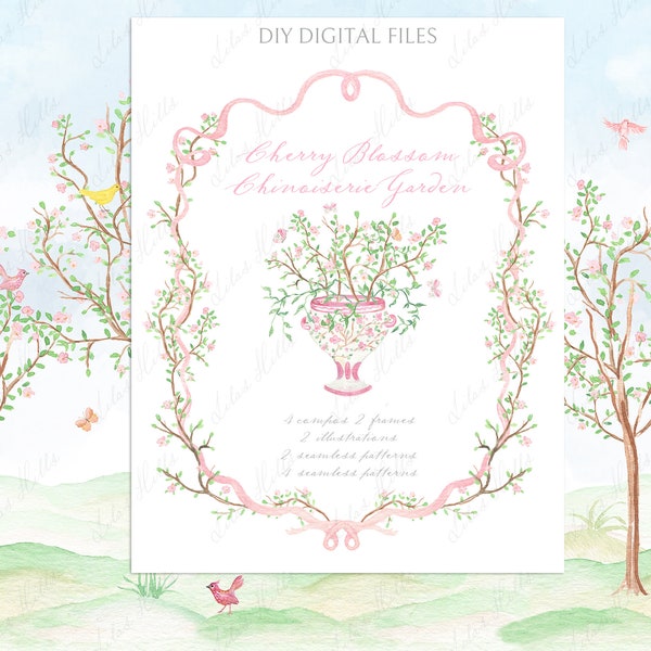 Cherry Blossom Chinoiserie Garden Toile Pink Flowers Birds Chinoiserie Toile Garden Spring Watercolor DIY Digital Clipart Grand millennial