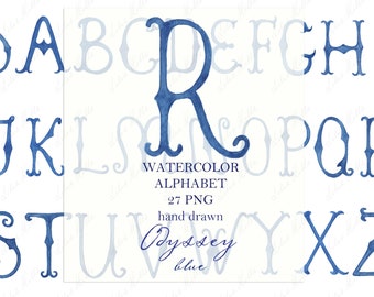 May include: Watercolor alphabet in blue and white. The letters are hand-drawn and have a vintage style. The letters are in a cursive font. The text "WATERCOLOR ALPHABET 27 PNG hand drawn Odyssey blue" is below the letters.