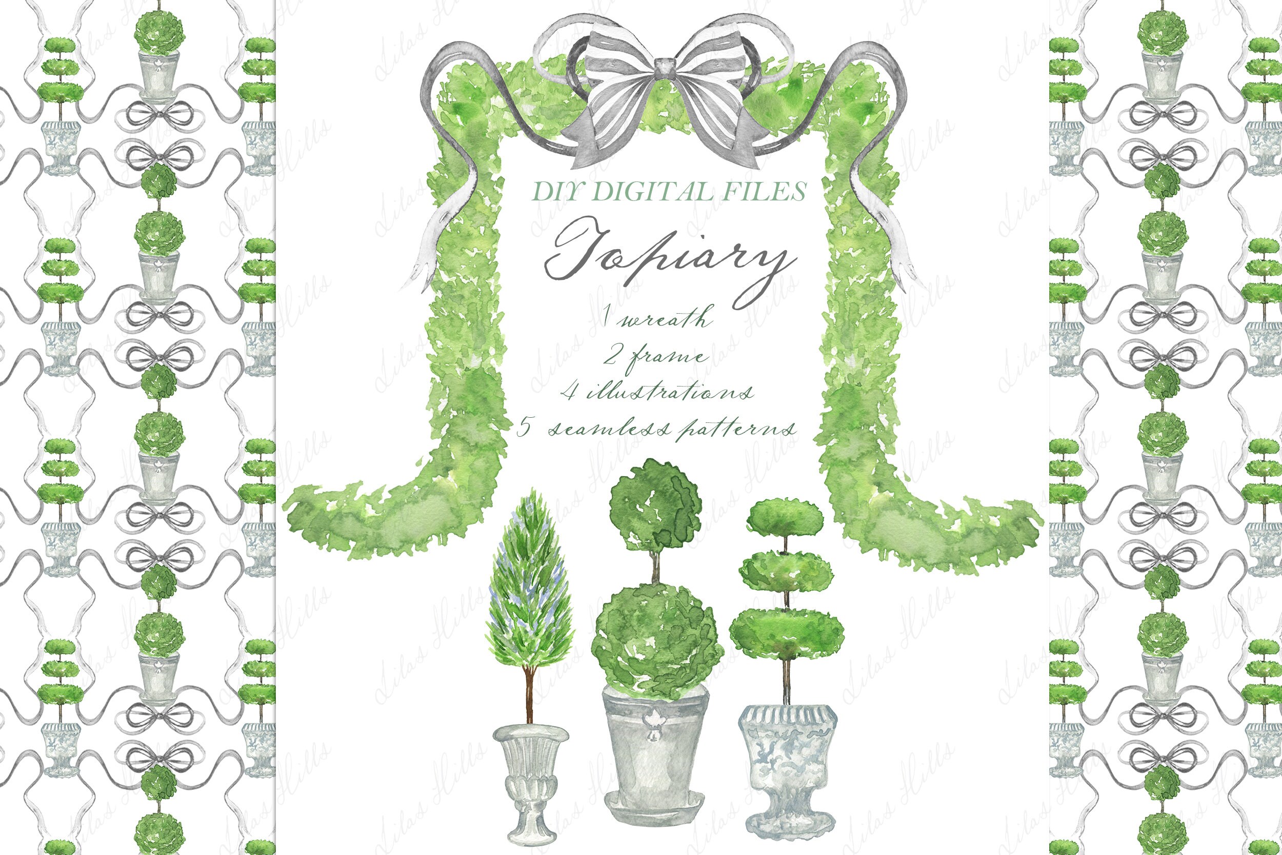 Topiary Grey Green Christmas Clipart. DIY Digital Paper Frames - Etsy