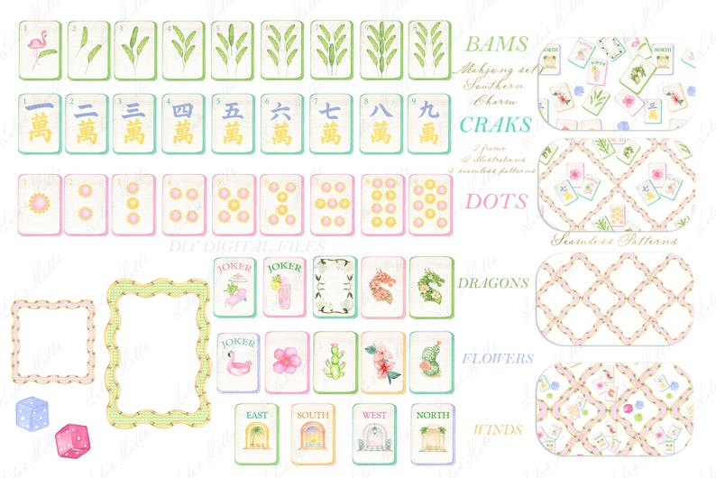 May include: A collection of watercolor Mahjong set elements, including tiles with botanical and floral designs, dice, and decorative frames. The set includes tiles labeled "BAMS", "CRAKS", "DOTS", "DRAGONS", "FLOWERS", and "WINDS".