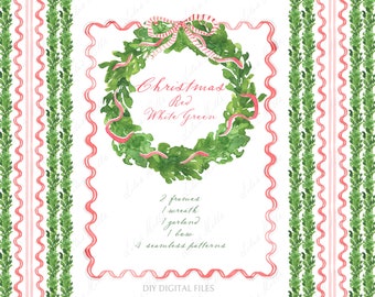 Christmas Red White Bow . DIY Digital Clipart. Digital paper Frames Christmas Wreath