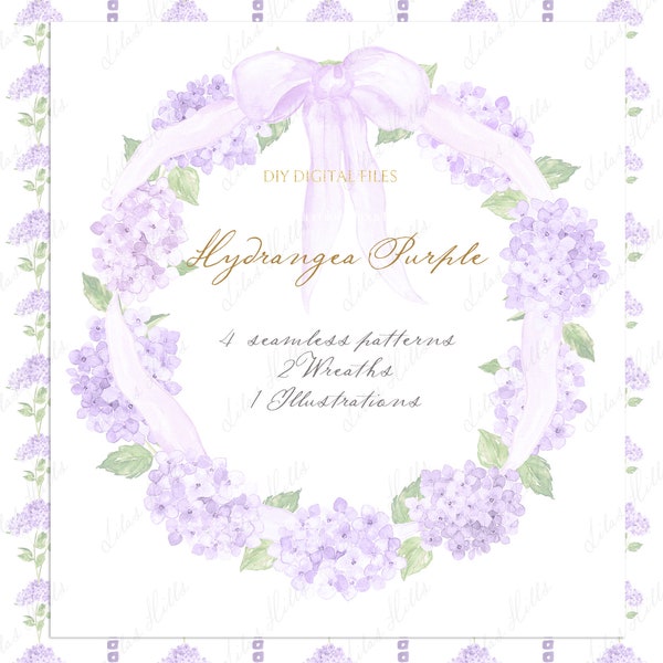 Hydrangea Purple  Baby shower Lilac bow and little flowers Grandmillennial  soft Lilac DIY Digital paper Frames Watercolor Clipart