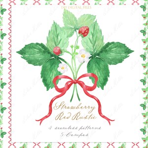 Strawberry Red Rustic Baby shower Red bow and Strawberry fruits Grandmillennial  DIY Digital paper Frames Watercolor Clipart