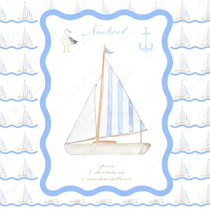 Invito per festa di compleanno per bambino in barca a vela con tema nautico, blu fai da te Grandmillennial, carta digitale blu morbida, barca a vela, acquerello, clipart