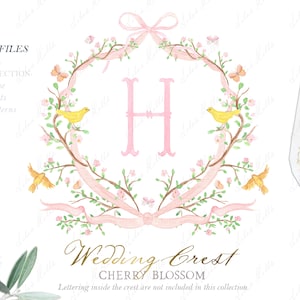 Fleurs de cerisier oiseaux vintage famille aquarelle écusson bricolage rose tendre noeud vintage papiers numériques aquarelle Clipart