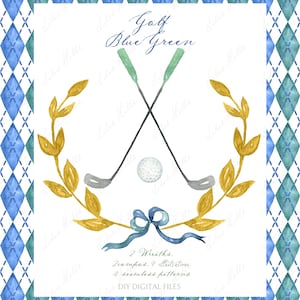 Puede incluir: Ilustración de acuarela de dos palos de golf cruzados con una bola de golf en el centro. Los palos están rodeados por una corona dorada y una cinta azul. El texto "Golf Blue Green" está en la parte superior de la imagen.