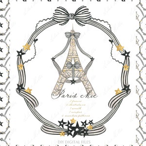 Paris Chic France Tour Eiffel DIY Papier numérique Noir Blanc Or Cadres Aquarelle Clipart