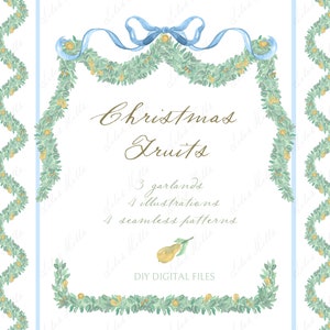 Christmas Fruits. Watercolor Greenery  Powder Blue Bow DIY Digital Clipart. Digital Garlands