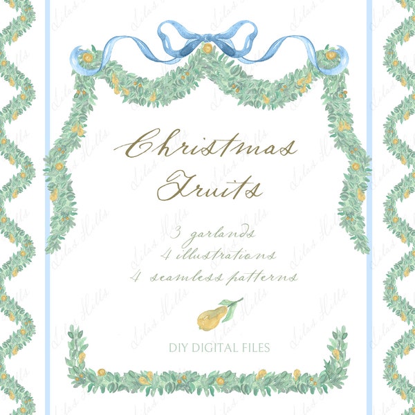 Christmas Fruits. Watercolor Greenery  Powder Blue Bow DIY Digital Clipart. Digital Garlands