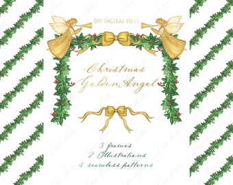 Weihnachten goldener Engel. DIY Digitale Clipart. Digitales Papier Rahmen Kartenvorlagen Weihnachtsgrün