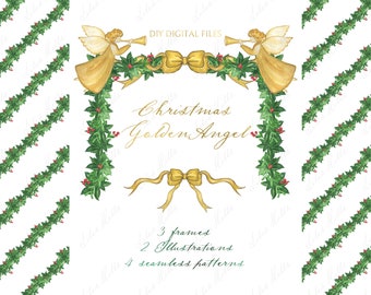 Christmas Golden Angel Clipart: DIY Watercolor Frames (Digital Download)