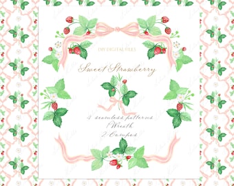Klipart z truskawkami na baby shower: ramki akwarelowe, papier cyfrowy (pobieranie cyfrowe)