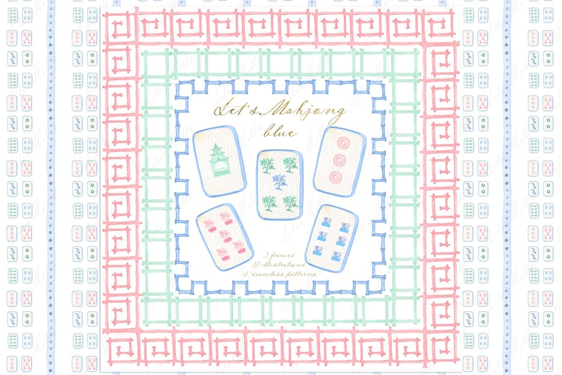 May include: A white background with a blue, green, and pink border. Inside the border are four blue and white Mahjong tiles with different symbols. The text "Let's Mahjong Blue" is written in gold script above the tiles.