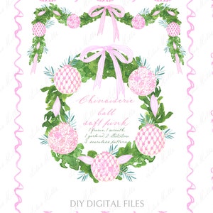 Boule de Noël rose tendre chinoiserie. DIY Cadres en papier numérique aquarelle Clipart