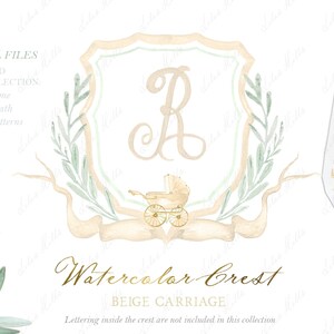 Carriage Beige Newborn Neutral Sex  baby Family  Watercolor Crest DIY Dusty gingham blue Digital papers Watercolor Clipart