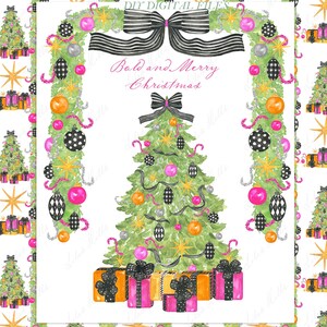 May include: Watercolor illustration featuring a Christmas tree decorated with pink, orange, and black ornaments, and a black bow. The words "Bold and Merry Christmas" are written in pink script. Presents are at the base of the tree.