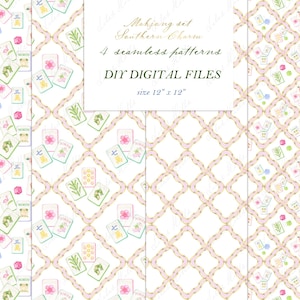 May include: Four seamless patterns with a Mahjong set theme. The patterns feature watercolor illustrations of Mahjong tiles, flowers, and geometric designs. The text "DIY DIGITAL FILES" is included, with each pattern sized at 12" x 12".