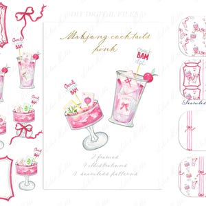 Puede incluir: Ilustraciones en acuarela de c&oacute;cteles rosas, marcos y patrones sin costuras. La imagen incluye texto que dice "Mahjong cocktails pink" y "Crack BAM dot". Los c&oacute;cteles est&aacute;n decorados con cerezas y peque&ntilde;as banderas.