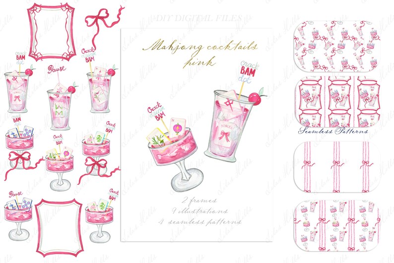 Puede incluir: Ilustraciones en acuarela de c&oacute;cteles rosas, marcos y patrones sin costuras. La imagen incluye texto que dice "Mahjong cocktails pink" y "Crack BAM dot". Los c&oacute;cteles est&aacute;n decorados con cerezas y peque&ntilde;as banderas.